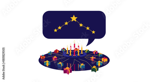 dark blue advent wreath with candles, gifts, and constellation bubble for holiday event invitations, spiritual blogs, christmas party flyers, and educational materials on festive traditions