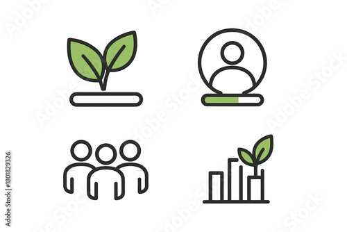Conceptual line symbols for business development, user progress, teamwork, and startup achievement