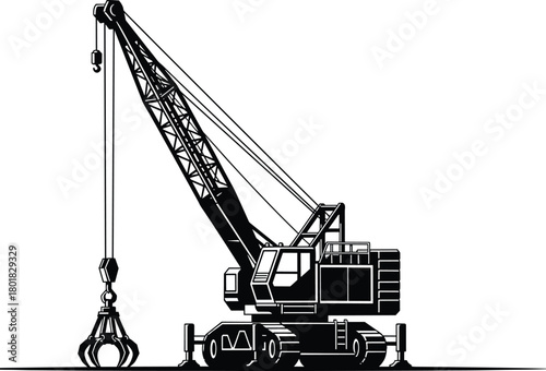 Crawler crane silhouette with grapple attachment, isolated vector icon. Heavy construction machinery for demolition, scrap metal, or waste recycling. Industrial equipment.