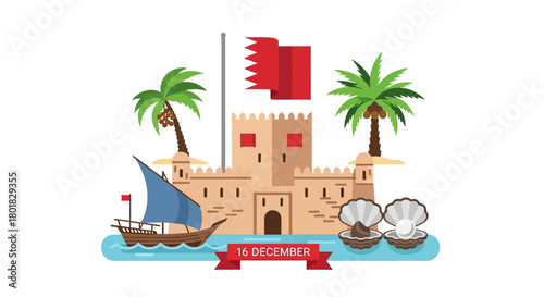 Bahrain National Day greeting card design featuring a historic fort, dhow boat, and pearl oysters for the December 16th celebration