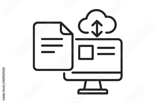 Digital transfer and cloud synchronization icon on a desktop computer monitor screen
