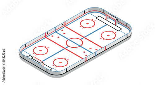 Isometric ice hockey rink with detailed lines and transparent boards