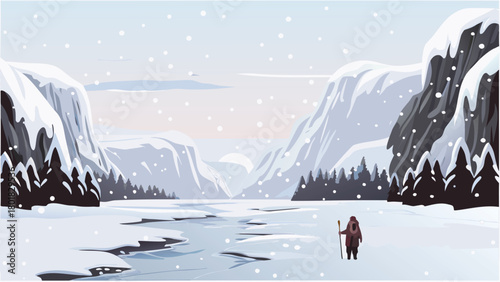 Majestic icy mountain landscape under a clear sky depicting a happy winter scene with snow covered peaks and a serene atmosphere perfect for seasonal designs