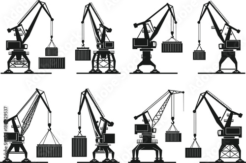Harbor crane silhouette set, port gantry cranes loading shipping containers, isolated vector icons. Industrial cargo logistics and maritime freight transport equipment collection.