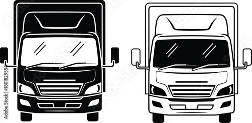 Front view vector illustration set of delivery truck in black silhouette and outline style isolated on white background for logistics transport and shipping design elements.