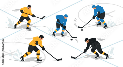 Dynamic hockey players engaged in fast-paced action on ice rink