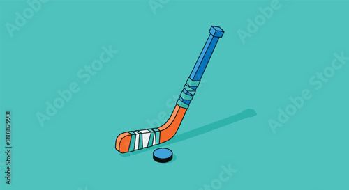 Colorful hockey stick and puck on teal background: modern sports design
