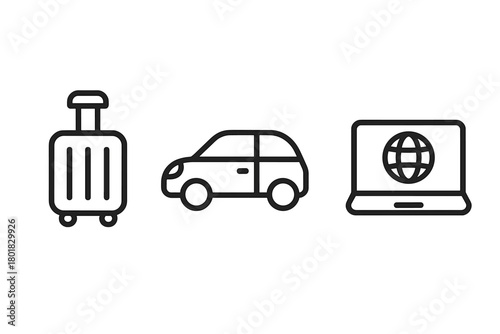 Set of essential travel and mobility symbols including suitcase, car, and online booking