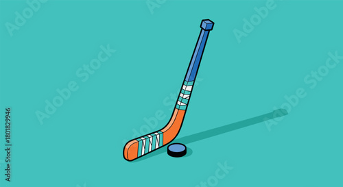 Colorful retro hockey stick and puck on vibrant teal background