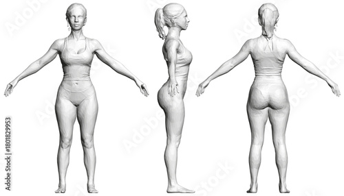 Polygonal female model in shirt and underwear extends her arms in animated motion against a white background. The 3D figure conveys a sense of dynamic life.