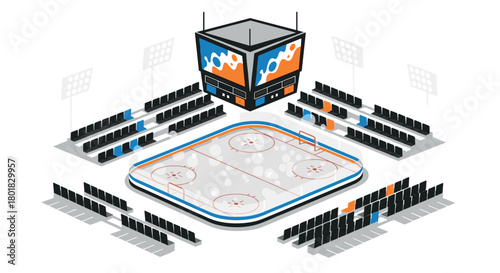Isometric ice hockey rink with digital scoreboard and stadium seating