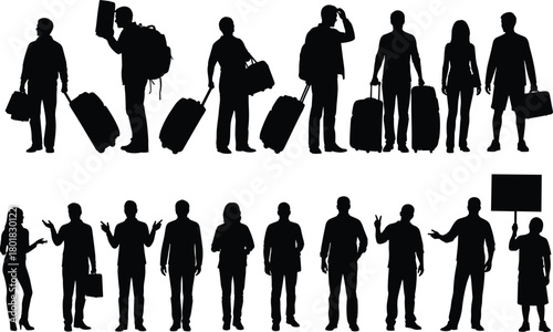 People silhouette collection, including travelers with luggage, suitcases, and backpacks, and business people standing. Isolated vector icon set for travel, tourism, and business.
