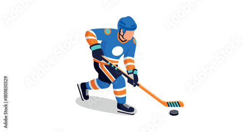 Dynamic flat design hockey player in action with blue and orange uniform