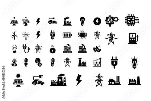 Silhouette pack of 32 black Electricity icon set. Featuring Solar Panel, Electric Car, Power Plant, and High Voltage. Solid icons for renewable energy, electrical engineering, and power distribution. 