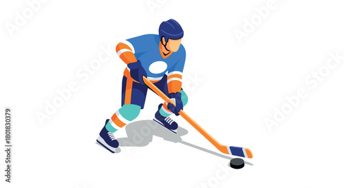 Ice hockey player in action with stick and puck in dynamic isometric style