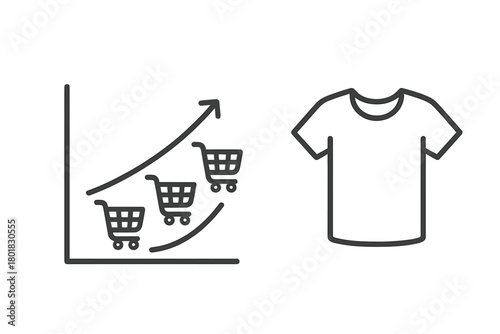 E-commerce sales growth chart with rising shopping carts and t-shirt merchandise icon