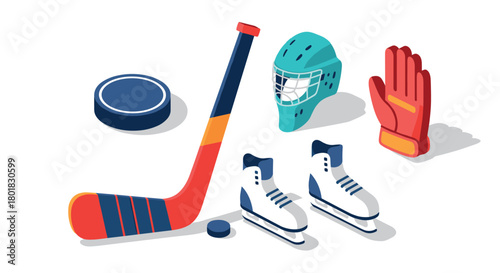 Isometric hockey gear set with stick, puck, helmet, skates, and glove design
