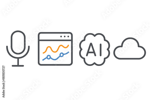Line icons for Artificial Intelligence, voice recognition, data analysis, and cloud computing