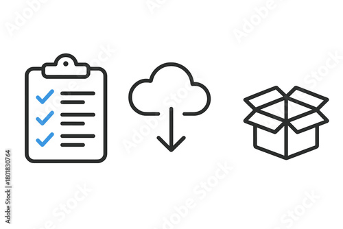 E-commerce fulfillment process icons showing clipboard, cloud download, and shipping box