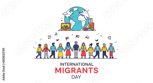 Global community concept with diverse people, world map, and luggage representing solidarity for migrants and refugees