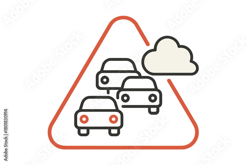Traffic congestion warning sign with cars and cloud symbol for smog or poor air quality