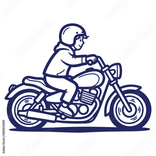 Stylized motorcycle ride with a cartoon character wearing helmet enjoying the open road adventure and carefree lifestyle