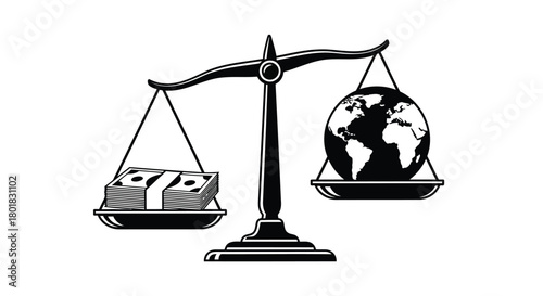 Scales of justice weighing money against the planet earth symbolizing economic impact on environment