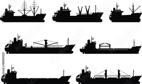 Set of seven black cargo ship silhouettes including bulk carriers oil tankers and freight vessels isolated on white background for maritime logistics design elements.