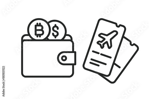 Digital wallet with cryptocurrency and dollar coins next to airline tickets for travel booking
