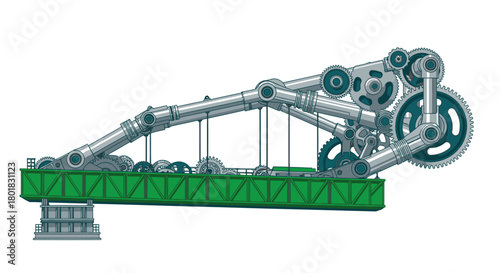 An intricate illustration showcases a mechanical bridge design, featuring gears, pipes, and a green support structure against a white backdrop.