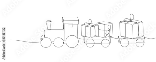 Continuous One Line Drawing of Christmas Toy Train Carrying Gift Boxes