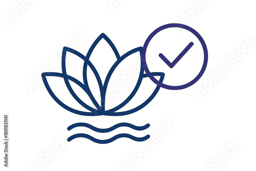 Minimalist lotus flower floating on water with a positive checkmark symbol for wellness and approval