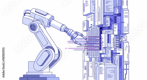 An illustrative depiction of a robotic arm interacting with a complex digital structure, representing technological advancement and automation.