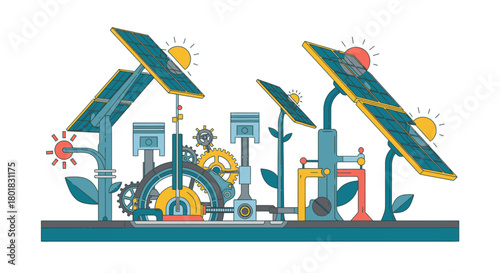 An illustrated representation of solar panels connected to mechanical components, symbolizing sustainable energy and innovation.