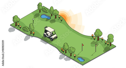 Isometric golf course with cart, trees, and sunlit landscape