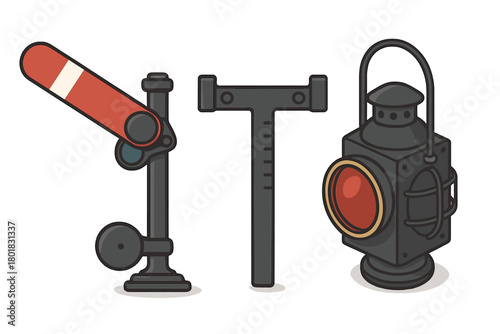 Vintage railroad signaling equipment collection with semaphore arm and old signal lamp