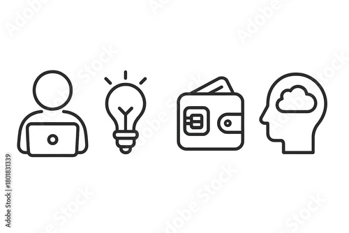 Business and technology concepts featuring work, innovation, finance, and cloud data storage symbols