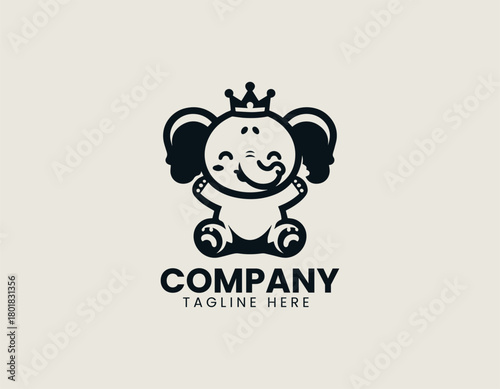 Happy baby king elephant smiles proudly creating charming black vector logo