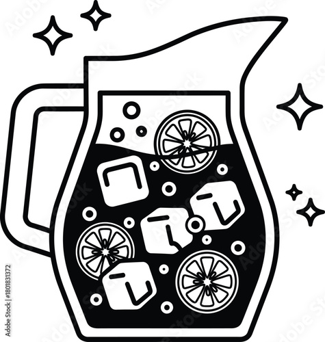 Illustration of pitcher with lemonade ice and citrus fruit slices art eps silhouette