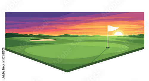 Vibrant sunset over golf course with flag and sand trap
