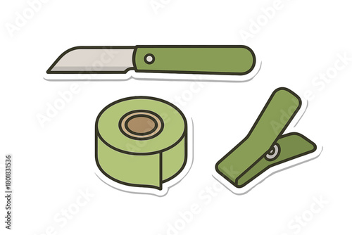 Set of essential medical utility tools including scalpel, adhesive tape roll, and surgical clamp