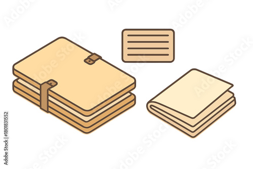 Isometric icon set of stacked documents secured by a strap, folded papers, and an identification card