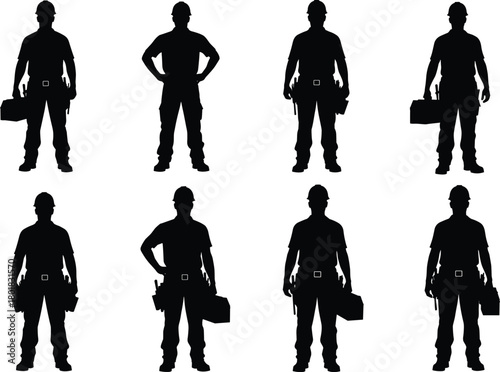 Silhouettes of construction workers in various poses carrying tools and toolboxes wearing safety helmets industrial labor workforce icons isolated black figures illustration on white