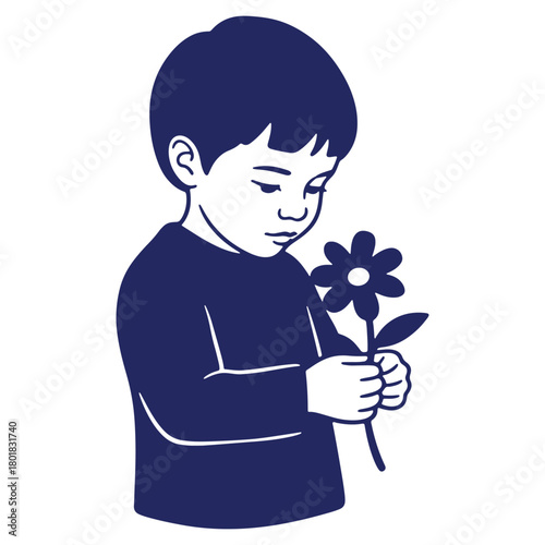 Thoughtful young boy gently holding a flower illustration in dark blue against a white background evoking innocence and simple beauty
