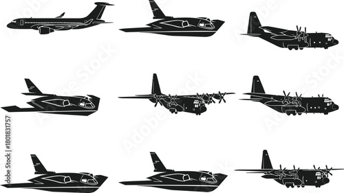 Vector collection of airplane silhouettes featuring commercial passenger jet, military stealth bomber, and army cargo transport aircraft for aviation logos and flight travel designs.