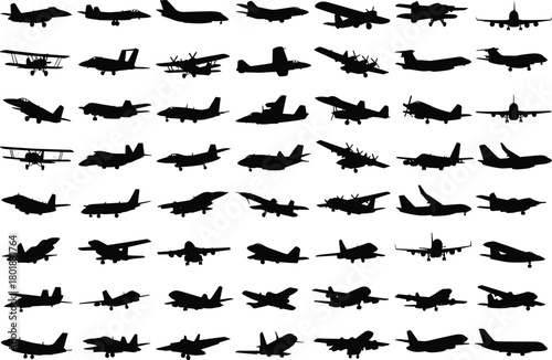 Vector collection of airplane silhouettes including military fighter jets, commercial passenger planes, vintage biplanes, and private aircraft for aviation design elements and travel logos.