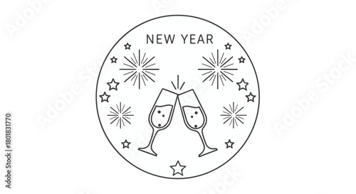 Minimalist New Year celebration vector graphic with toasting flutes and fireworks isolated on Transparent Background