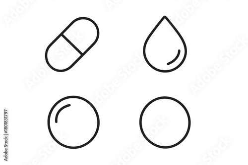 Simple black outline symbols for healthcare and pharmacy: capsule, liquid drop, and pills