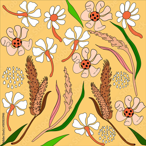Gold, yellow, white, green, grass, flowers, water droplets, grass leaves, graphic, design, hand-drawn,illustraiton