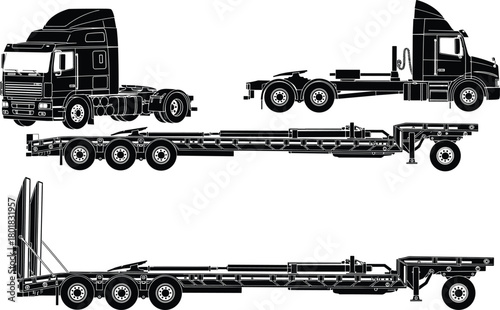 Vector collection of heavy truck silhouettes including American and European tractor units plus lowboy flatbed trailers for industrial logistics and freight transport design elements set.